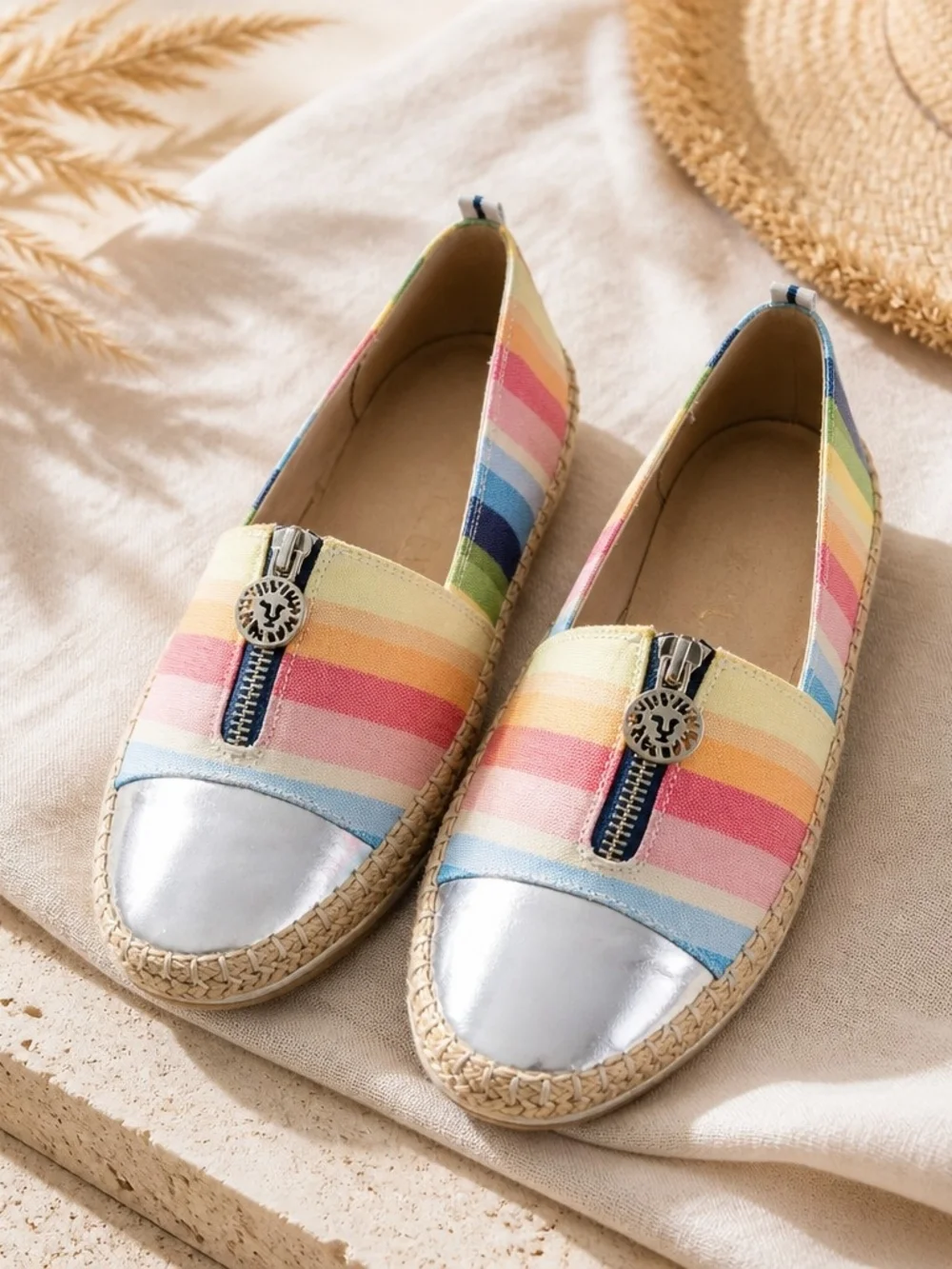 Anne Klein Jax Espadrilles Rainbow Stripe Canvas Flats Silver Toe Slip On Shoes